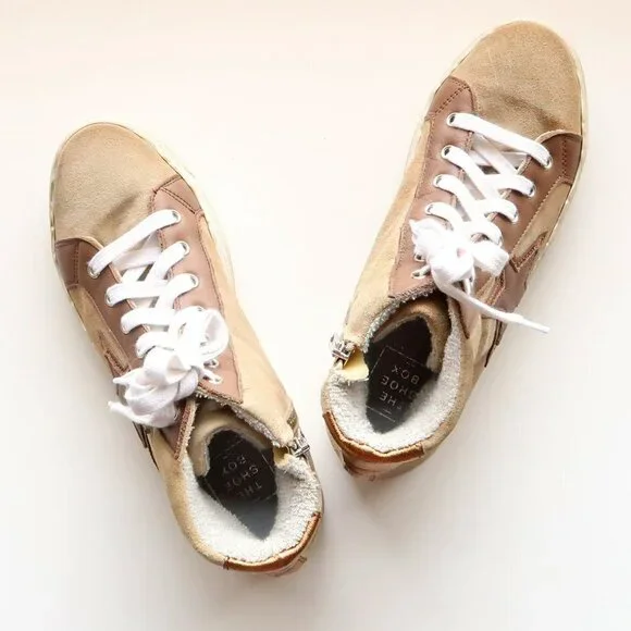 The Shoe Box Beige Suede & Brown Leather High Top Sneakers Lace-up w Star 8.5 - Picture 13 of 16